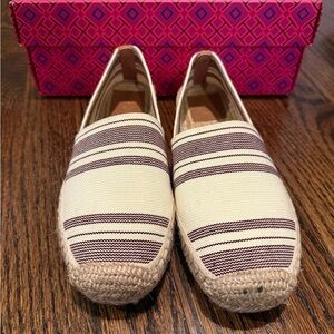 Tory Burch Striped Canvas Espadrille Flats in Cream and Burgundy